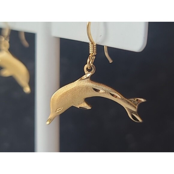 Gold Tone Dolphin Shaped Dangling Pierced Earrings Vintage Costume Jewelry - Picture 4 of 10